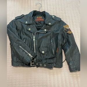 Vintage Kids Black auth Leather Biker Jacket with Bear Patch